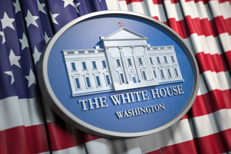The White House Washington sign on flag of United States USA. 3d illustration